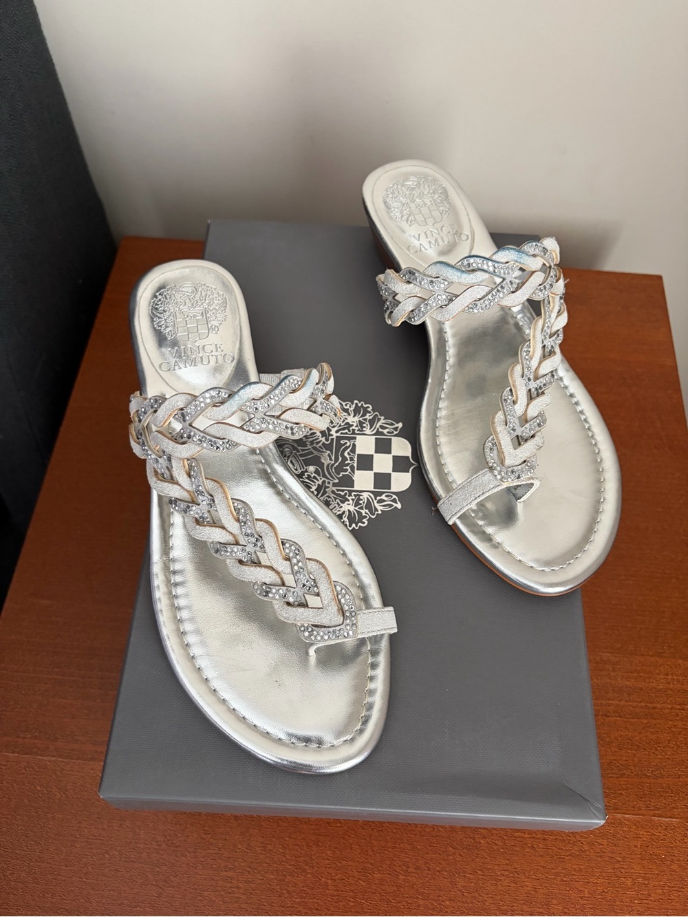 Vince Camuto Metallic Silver Braided Crystal Toe-Post Sandals